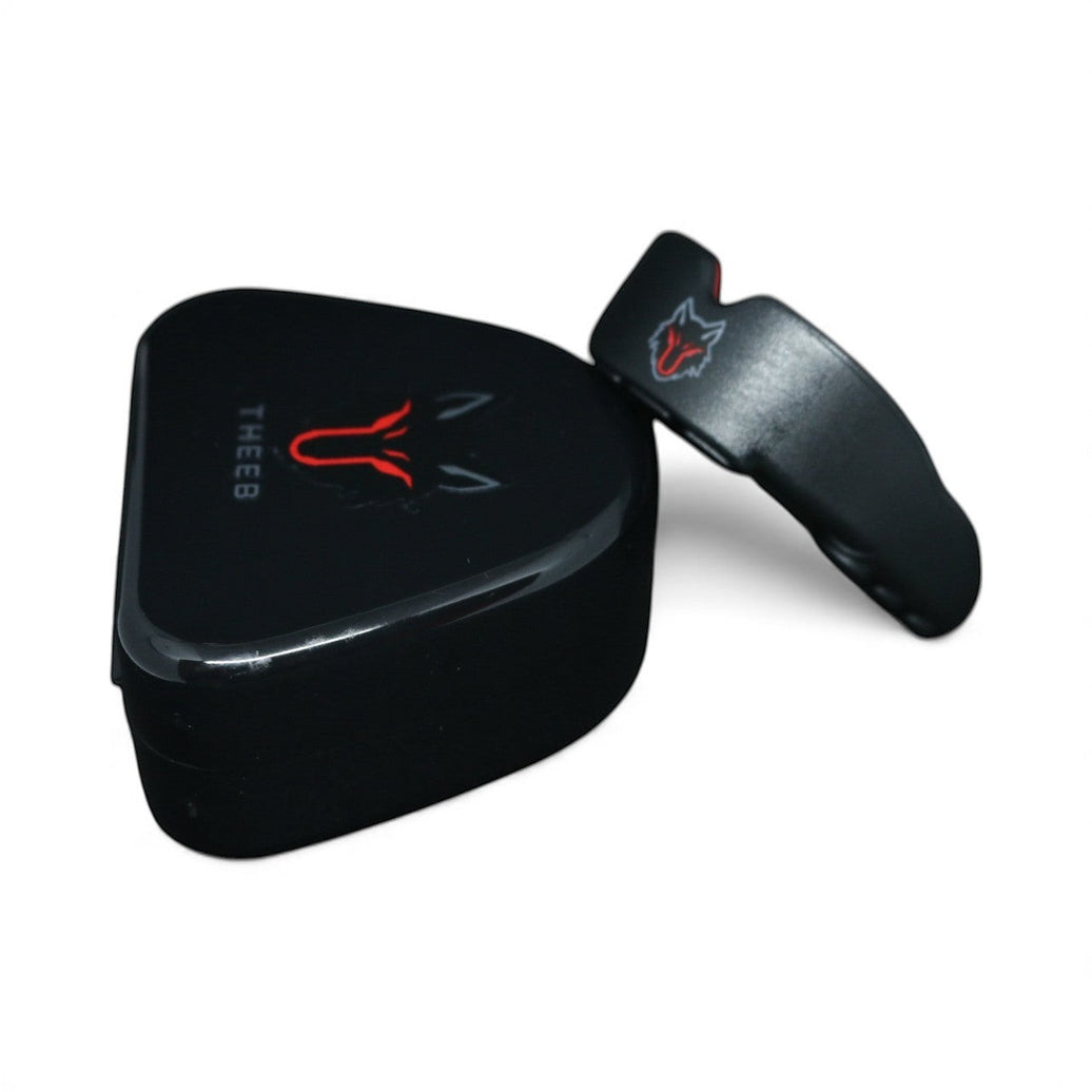 My Store THEEB black shock-absorbing mouth guard with red wolf logo and protective case for MMA, boxing, BJJ.