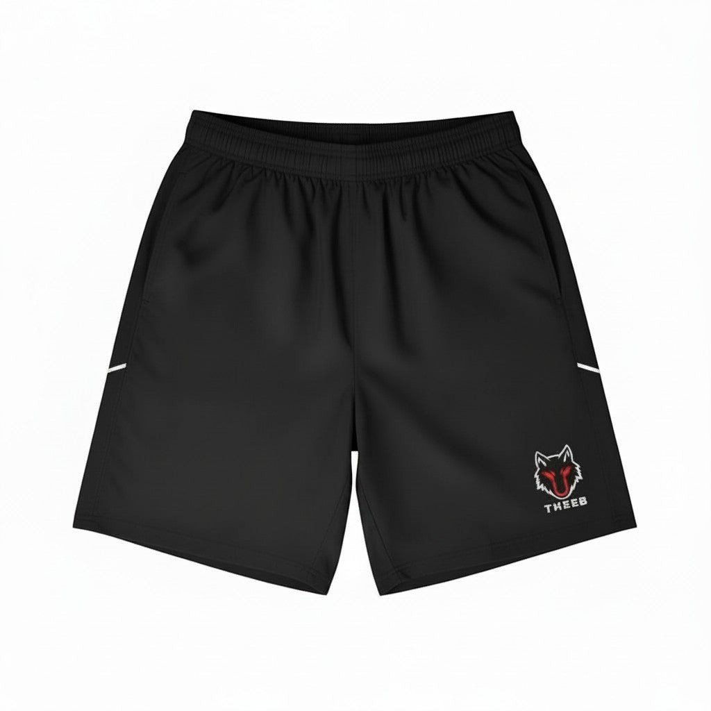 My Store THEEB dark grey polyester-spandex gym shorts with elastic waist and wolf logo.