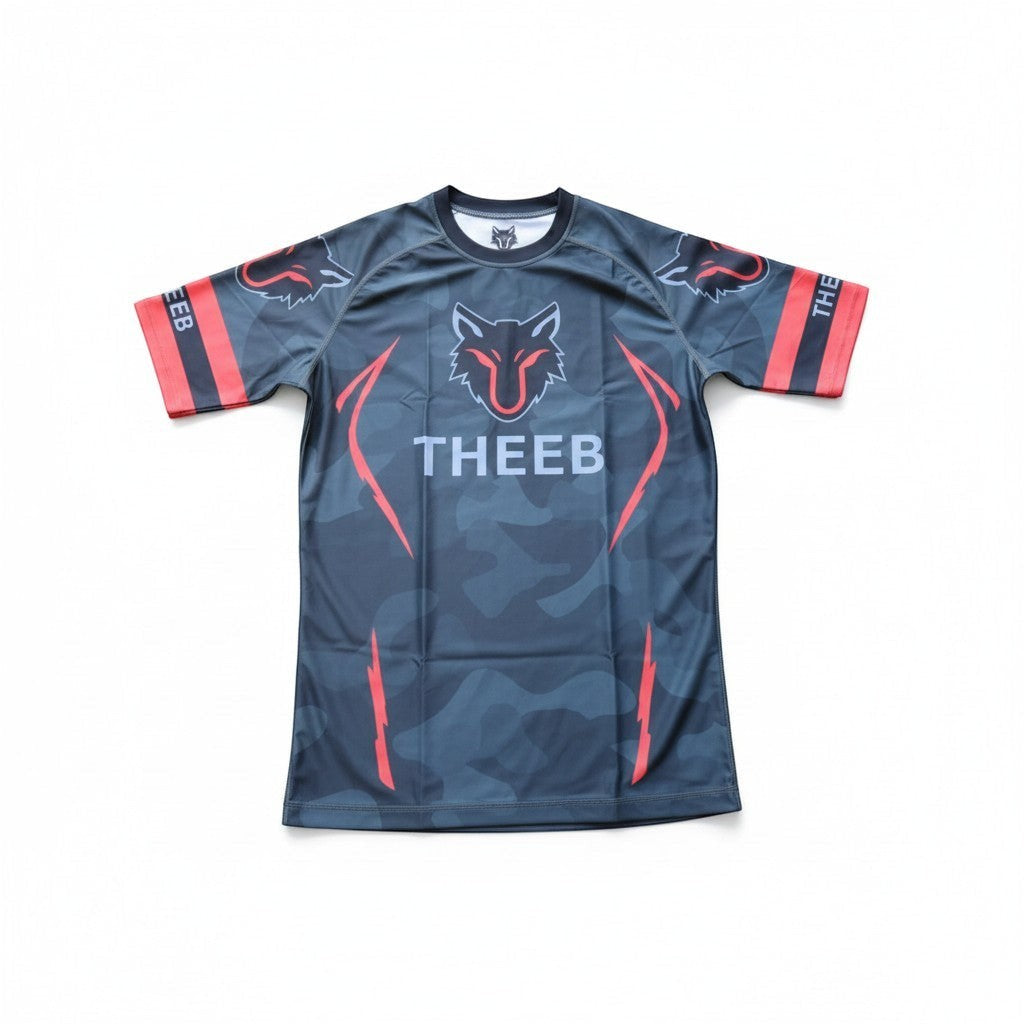 My Store THEEB Back to Basic Flashy kids rash guard with grey camouflage, red accents, and wolf graphic.