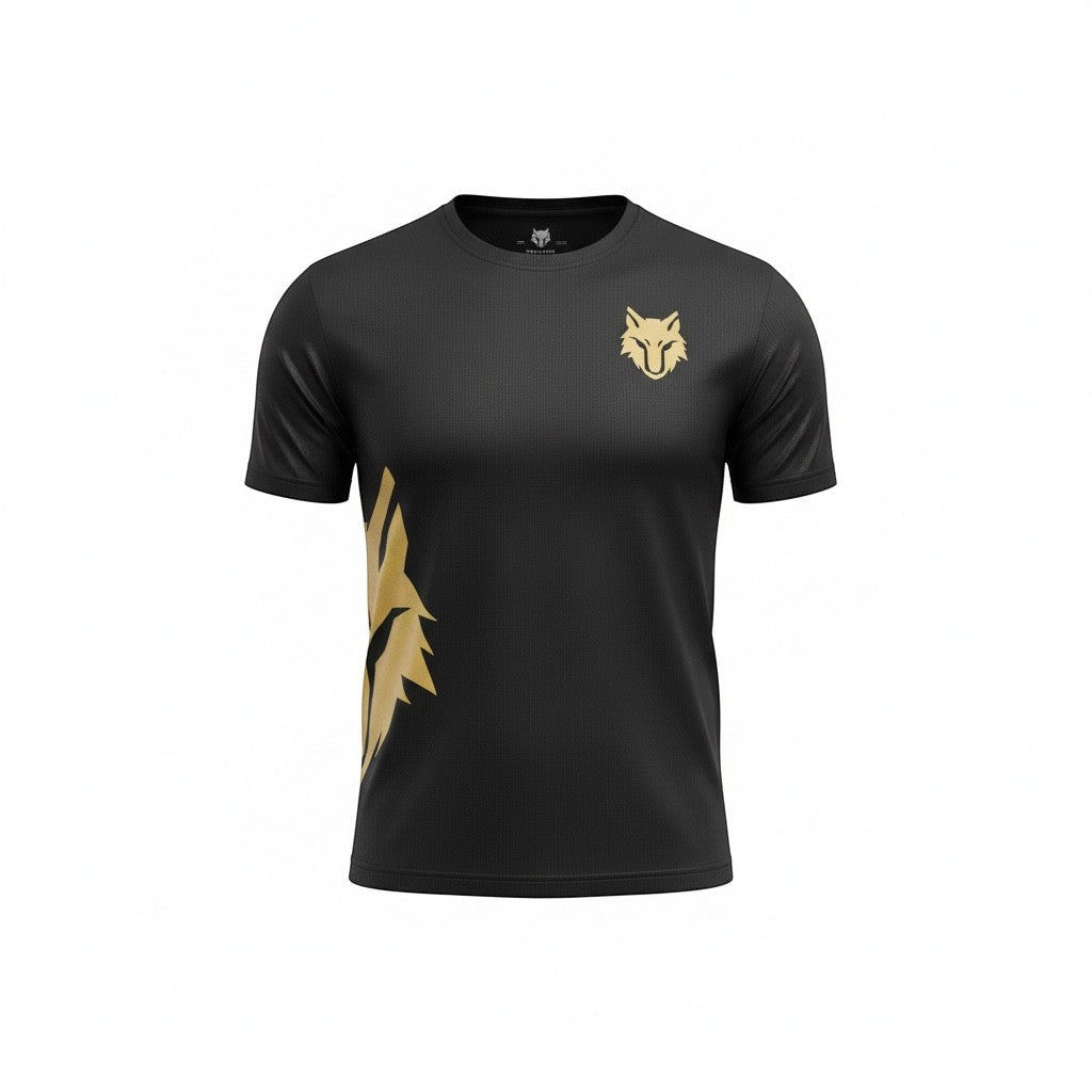 My Store THEEB Golden Age Alpha Edition black polyester performance t-shirt with gold wolf logo.
