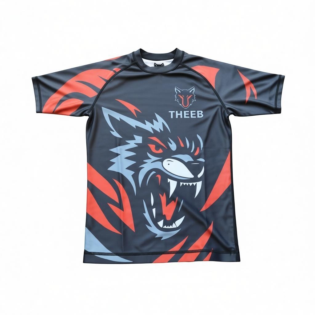 My Store THEEB Back to Basics kids rash guard with a roaring wolf graphic in grey, red, and blue. Short sleeves, crew neck.