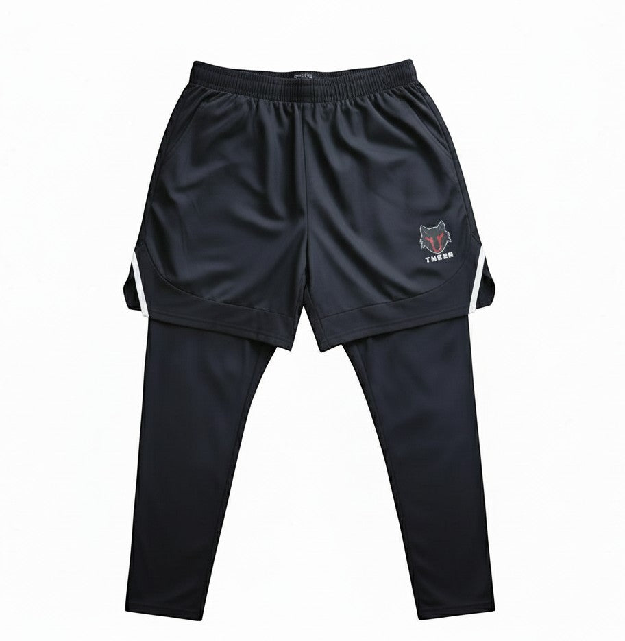 My Store THEEB black 2-in-1 MMA shorts with integrated high-stretch compression pants, sweat-wicking fabric.