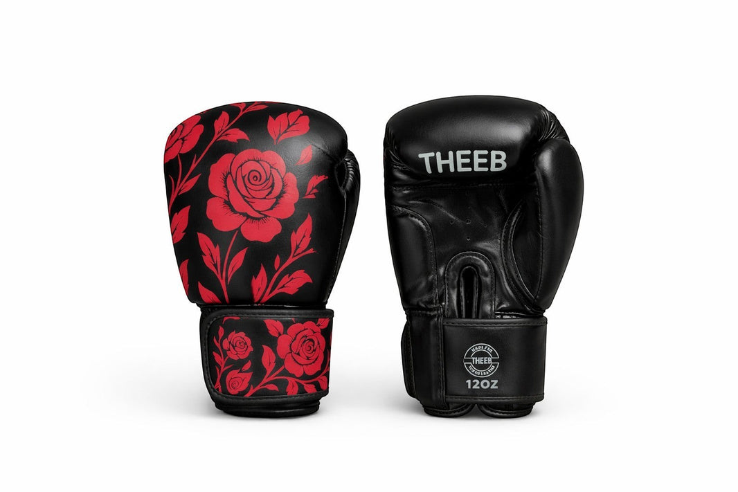 My Store THEEB Rose Fury black PU leather boxing gloves with red rose design and adjustable hook-and-loop closure.