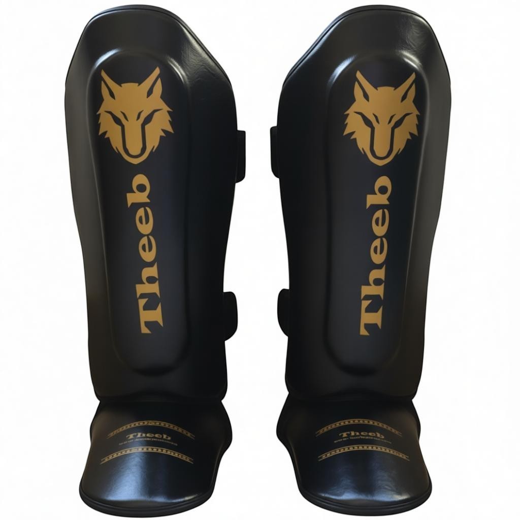 My StoreHere black youth shin guards made from genuine cowhide leather with gold Theeb logo and text.