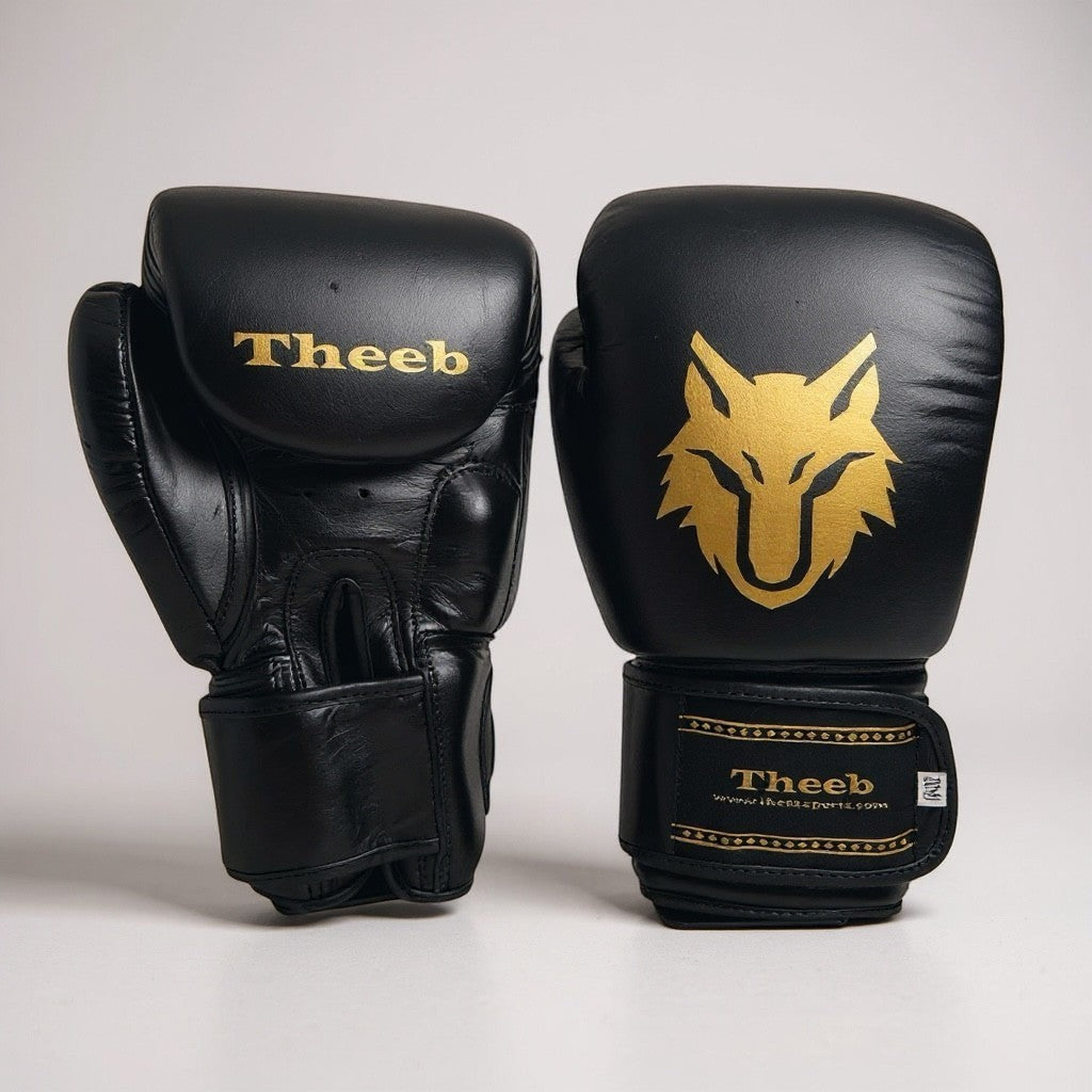 My Store black genuine cowhide leather Muay Thai gloves with gold wolf logo and Theeb branding. Features latex padding and secure wrist support.