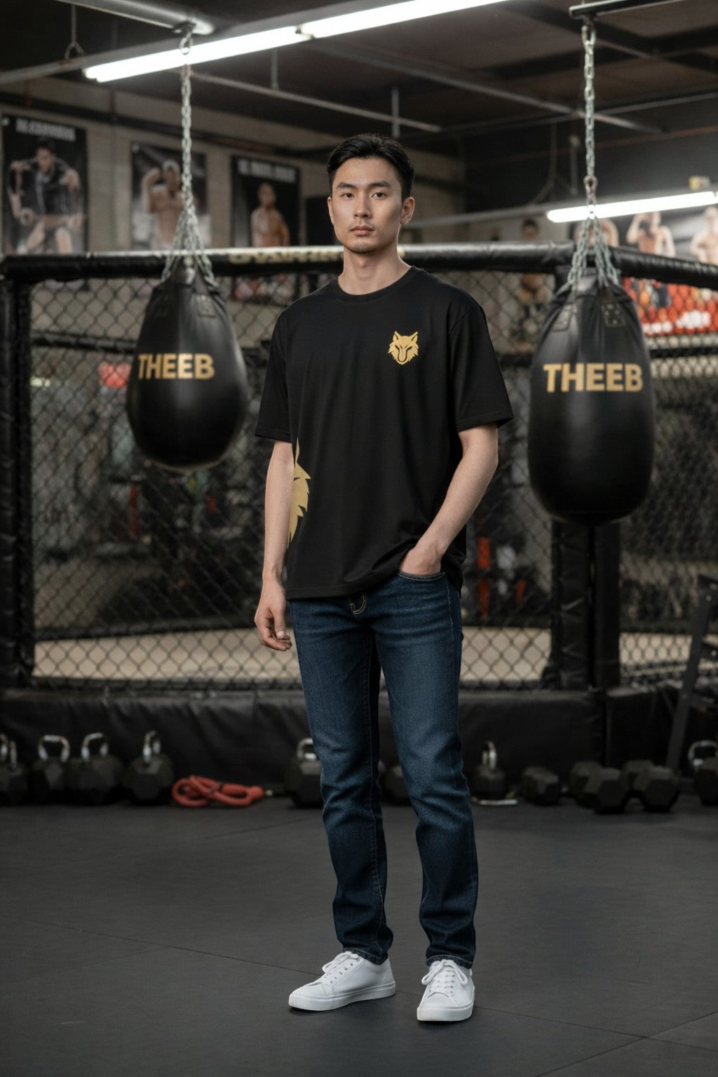 My Store black polyester t-shirt with gold wolf logo, short sleeves, crew neck, for athletic wear.