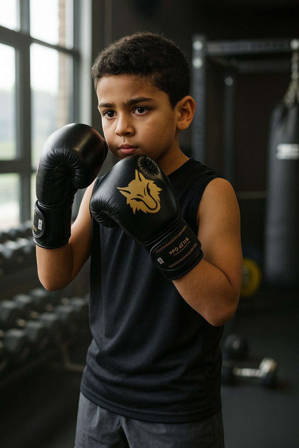 My Store black genuine leather kids Muay Thai gloves with gold wolf logo and latex padding.