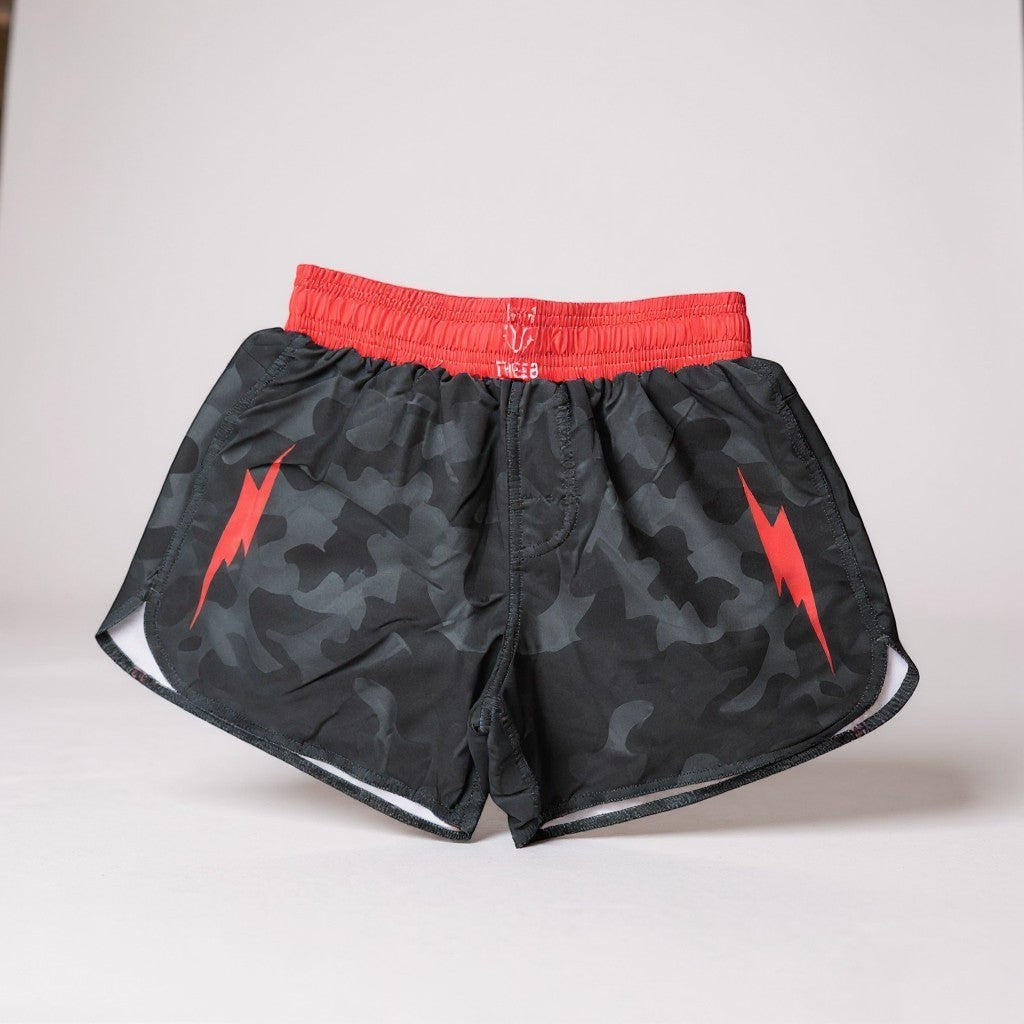 My Store THEEB adults' black camouflage MMA shorts with red lightning bolt accents and red waistband.