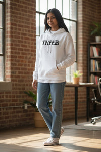 My Store white heavyweight cotton blend hoodie with THEEB graphic print, unisex fit, perfect for streetwear and athletic wear.