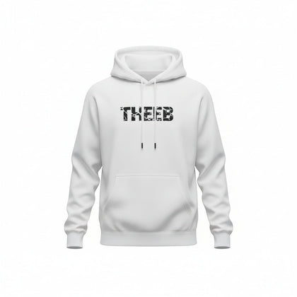 My Store white heavyweight cotton blend hoodie with black THEEB crack print and drawstring hood.
