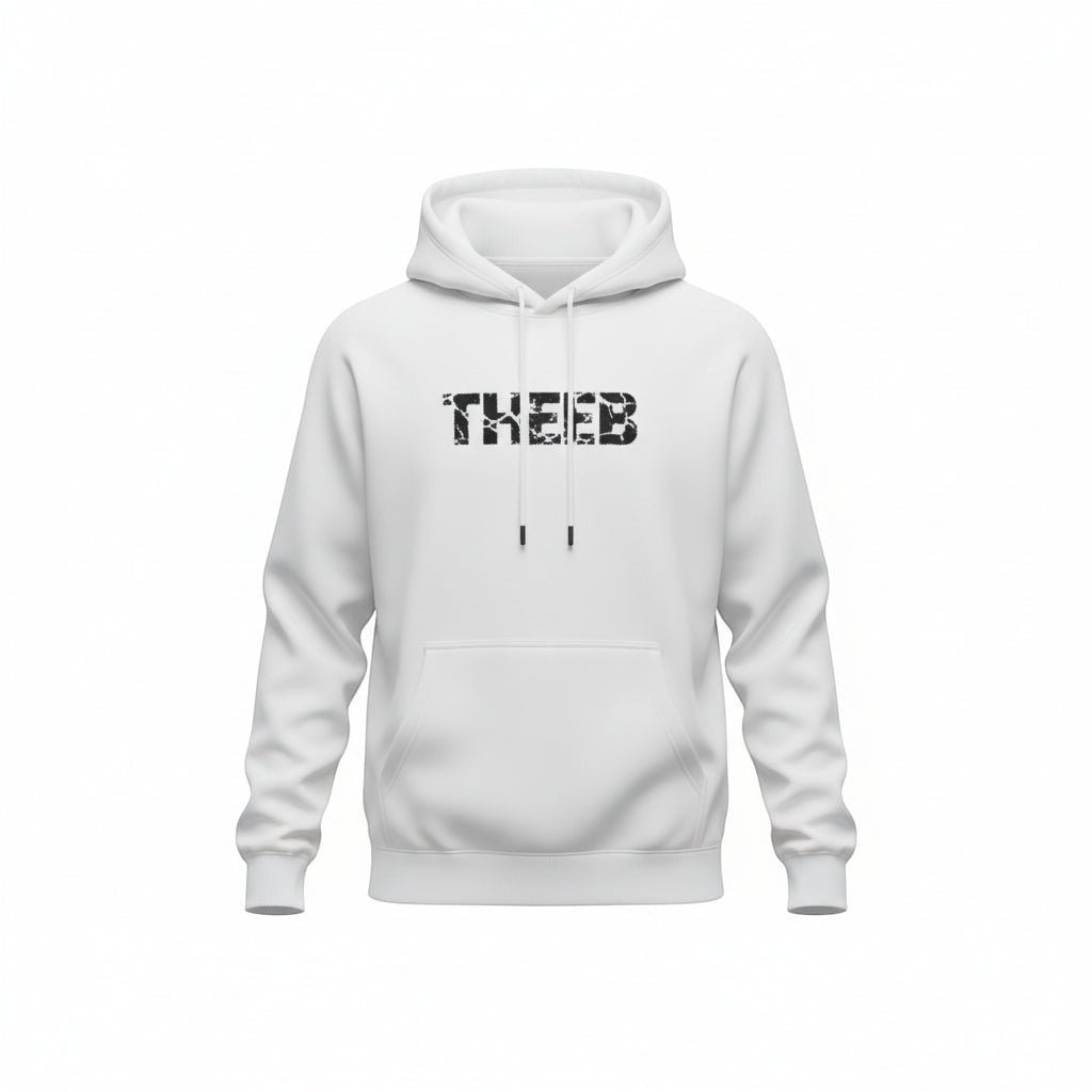 My Store white heavyweight cotton blend hoodie with black THEEB crack print and drawstring hood.
