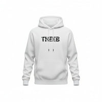 My Store white heavyweight cotton blend hoodie with black THEEB crack print and drawstring hood.