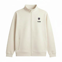 My Store THEEB cream zip-up workout jacket with stand collar and embroidered logo. Cotton-polyester-spandex blend.