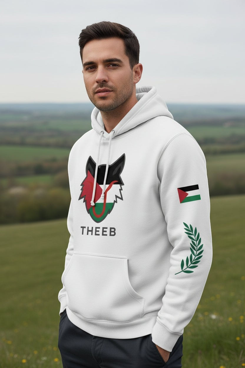 My Store white THEEB Back to Basics hoodie with Palestinian flag logo on chest and sleeve, and olive branch detail.