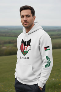 My Store white THEEB Back to Basics hoodie with Palestinian flag logo on chest and sleeve, and olive branch detail.