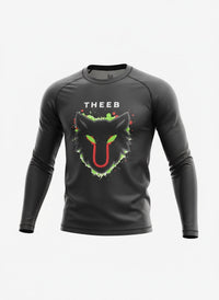THEEB kids long sleeve black rash guard with neon wolf graphic for MMA and BJJ training