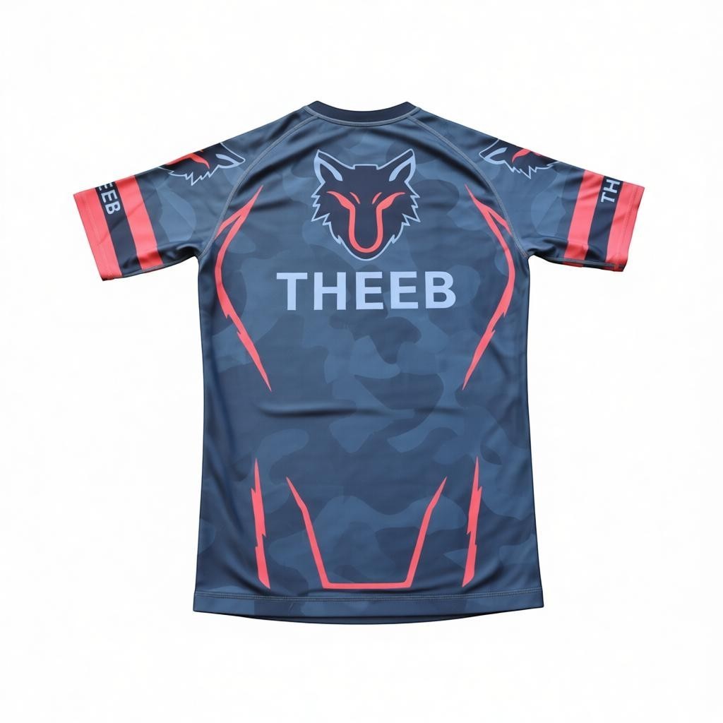 My Store THEEB Back to Basic Flashy kids rash guard, dark grey with red accents and camouflage pattern. Features a wolf logo.