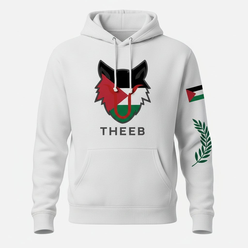 My Store white cotton hoodie with THEEB logo featuring Palestinian flag colours and a laurel branch on the sleeve.