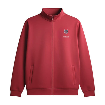 My Store THEEB red zip-up workout jacket with stand collar and embroidered logo. Cotton-polyester-spandex blend.