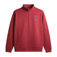 My Store THEEB red zip-up workout jacket with stand collar and embroidered logo. Cotton-polyester-spandex blend.