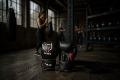 My Store black microfiber boxing gloves with red accents and a white wolf graphic. Designed for training.