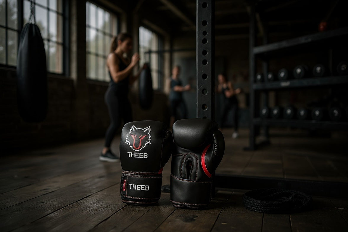 My Store black microfiber boxing gloves with red accents and a white wolf graphic. Designed for training.