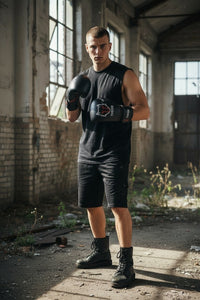 My Store black leather combat boots with laces and thick soles. Men's combat boots for training.