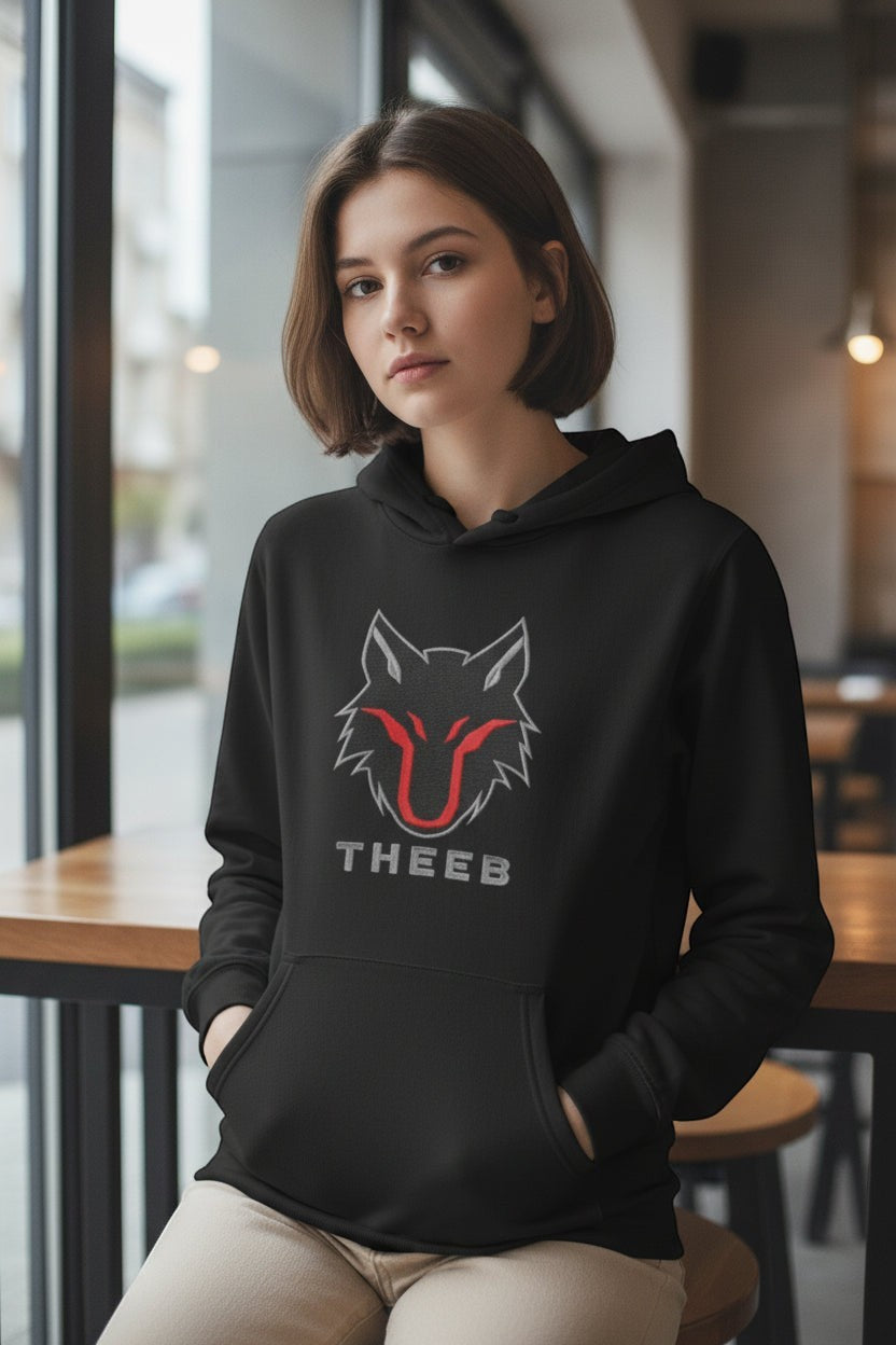 My Store black cotton hoodie with THEEB wolf logo, ideal for training and streetwear.