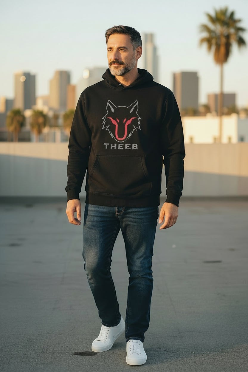My Store black cotton hoodie with THEEB wolf logo, ideal for athletes and streetwear.