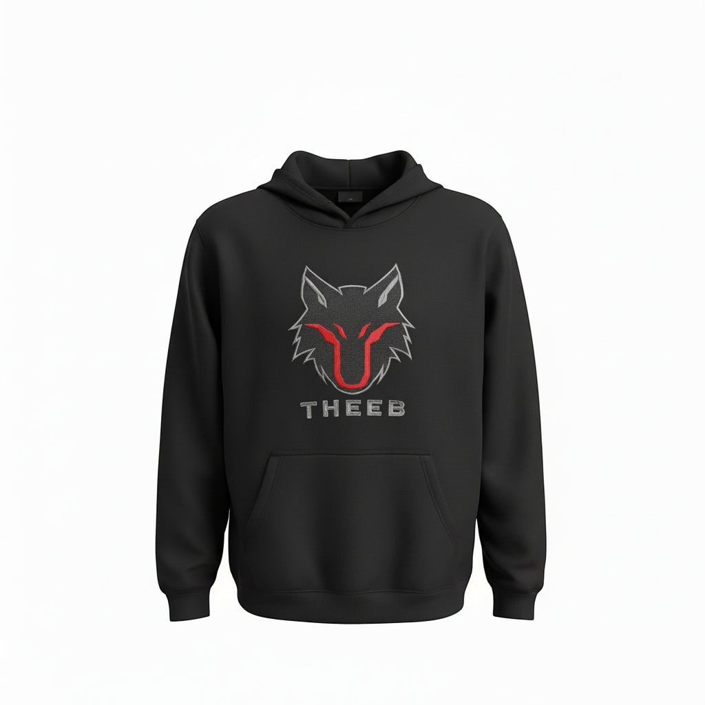 My Store black cotton hoodie with THEEB wolf logo and red accents, featuring a front pocket and hood.