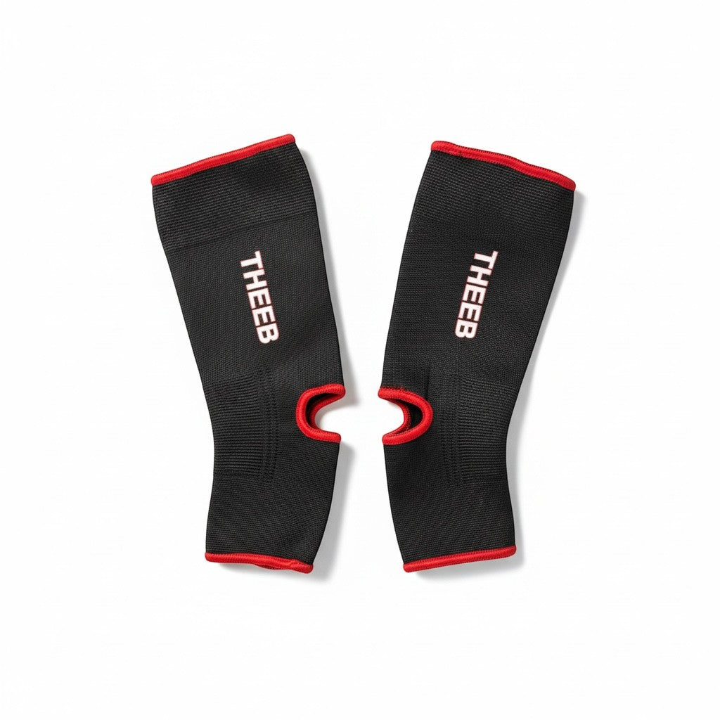 My Store THEEB black ankle support sleeves with red trim, designed for BJJ, Muay Thai, MMA.