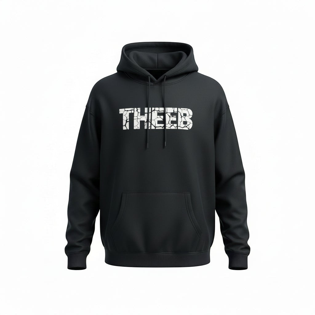 My Store black heavyweight cotton blend hoodie with THEEB crack print graphic, unisex fit, front pocket.