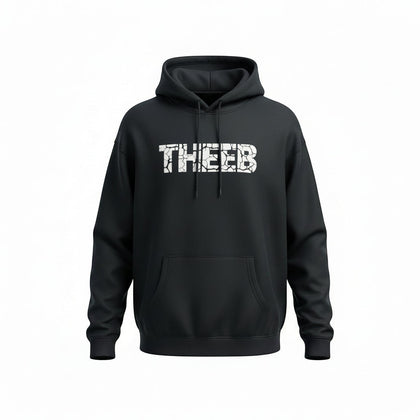 My Store black heavyweight cotton blend hoodie with THEEB crack print graphic, unisex fit, front pocket.
