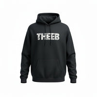 My Store black heavyweight cotton blend hoodie with THEEB crack print graphic, unisex fit, front pocket.