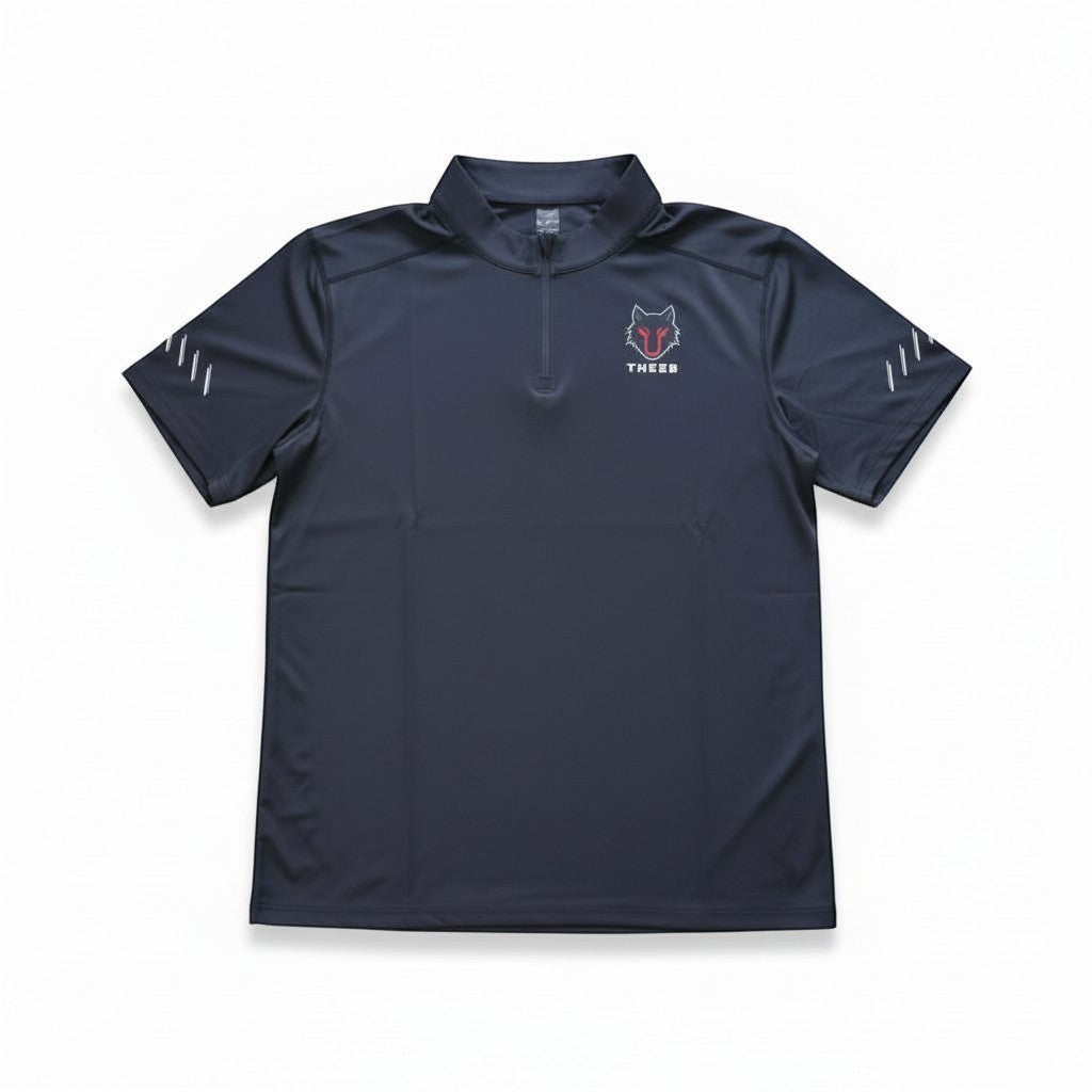 My Store THEEB navy blue dry fit high neck gym t-shirt with quarter zip and logo on chest.