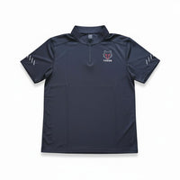 My Store THEEB navy blue dry fit high neck gym t-shirt with quarter zip and logo on chest.