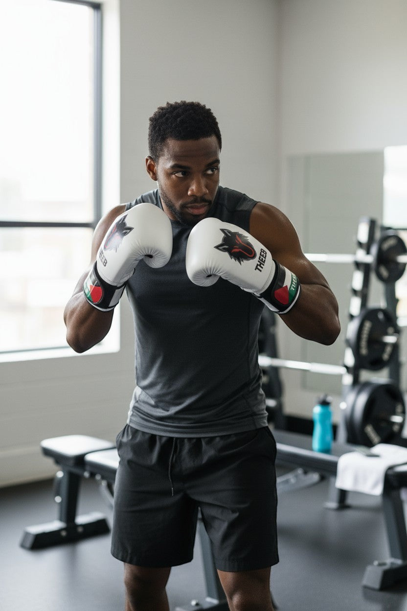 THEEB Falastini boxing gloves in white PU leather with a wolf graphic and adjustable wrist strap. For boxing, kickboxing, MMA.
