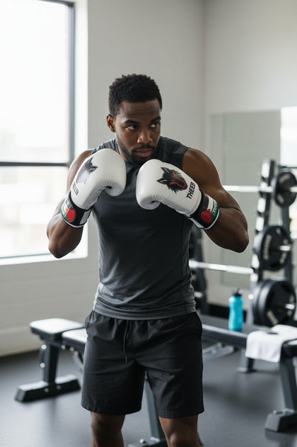 THEEB Falastini boxing gloves in white PU leather with a wolf graphic and adjustable wrist strap. For boxing, kickboxing, MMA.