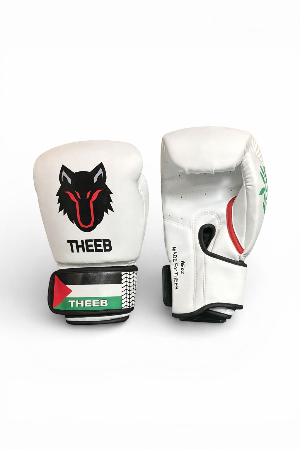 My Store THEEB Falastini white PU leather boxing gloves with Palestinian flag detail and wolf logo.
