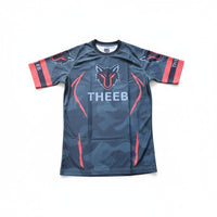 My Store THEEB Back to Basic Flashy kids rash guard with grey camouflage, red accents, and wolf graphic.