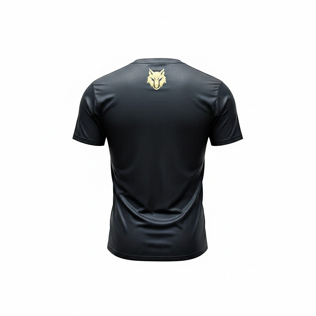 My Store THEEB Golden Age Alpha Performance Edition black polyester t-shirt with gold wolf logo on back.