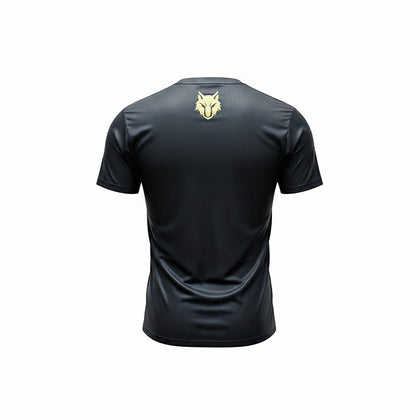 My Store THEEB Golden Age Alpha Performance Edition black polyester t-shirt with gold wolf logo on back.