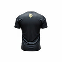 My Store THEEB Golden Age Alpha Performance Edition black polyester t-shirt with gold wolf logo on back.