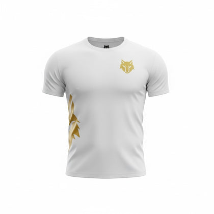 My Store THEEB Golden Age Alpha Edition white polyester performance t-shirt with gold wolf logo and side graphic.