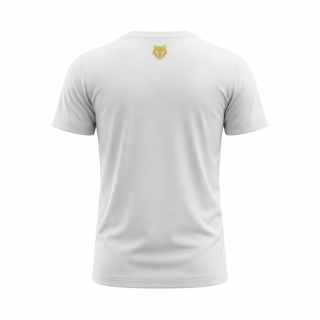 My Store THEEB Golden Age Alpha Performance Edition white polyester t-shirt with gold wolf logo on back.