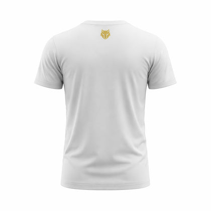 My Store THEEB Golden Age Alpha Performance Edition white polyester t-shirt with gold wolf logo on back.