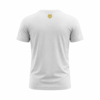 My Store THEEB Golden Age Alpha Performance Edition white polyester t-shirt with gold wolf logo on back.