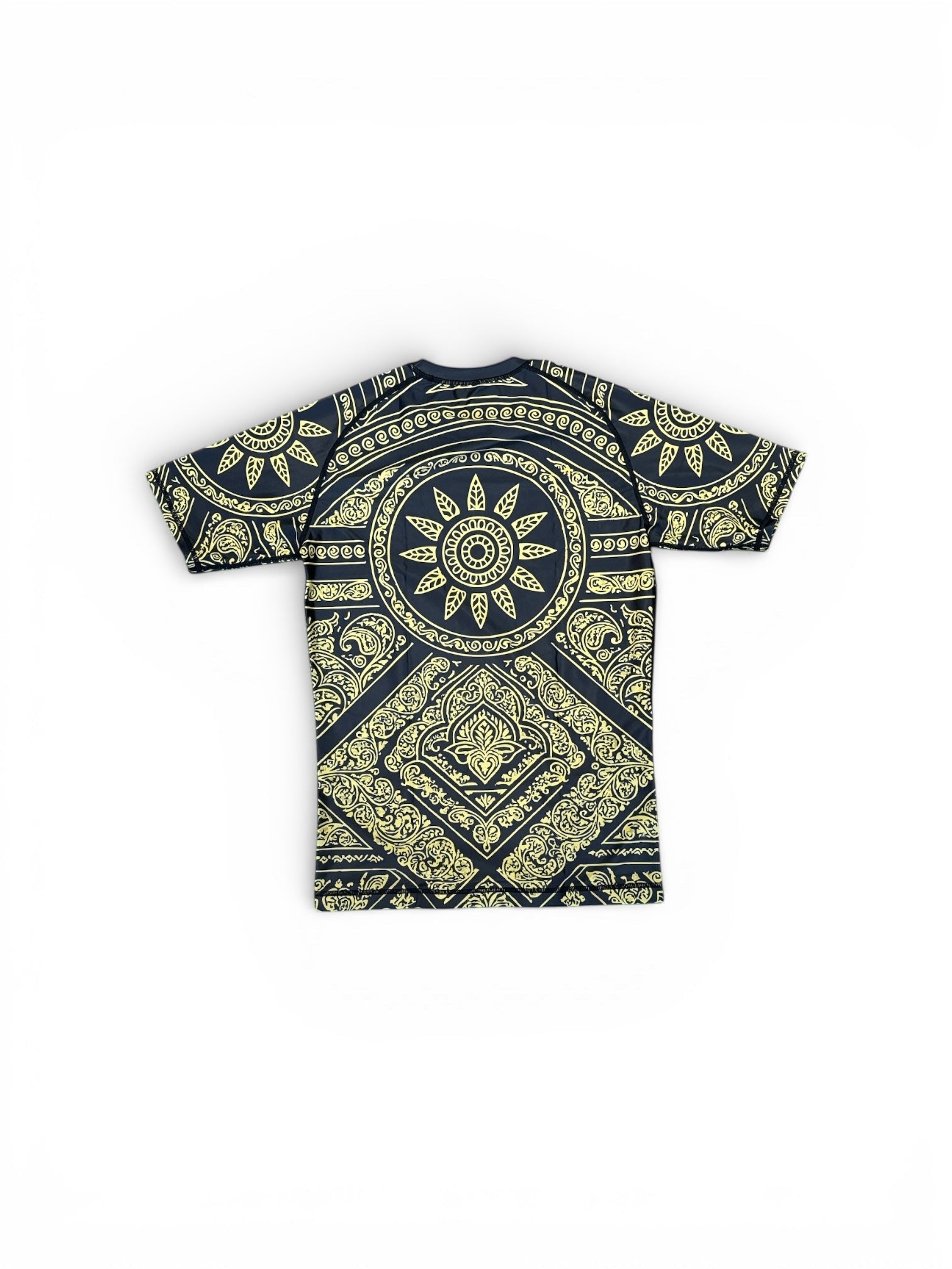 My Store THEEB Golden Age rash guard in black with intricate gold mandala and paisley pattern. Compression fit, moisture-wicking fabric.