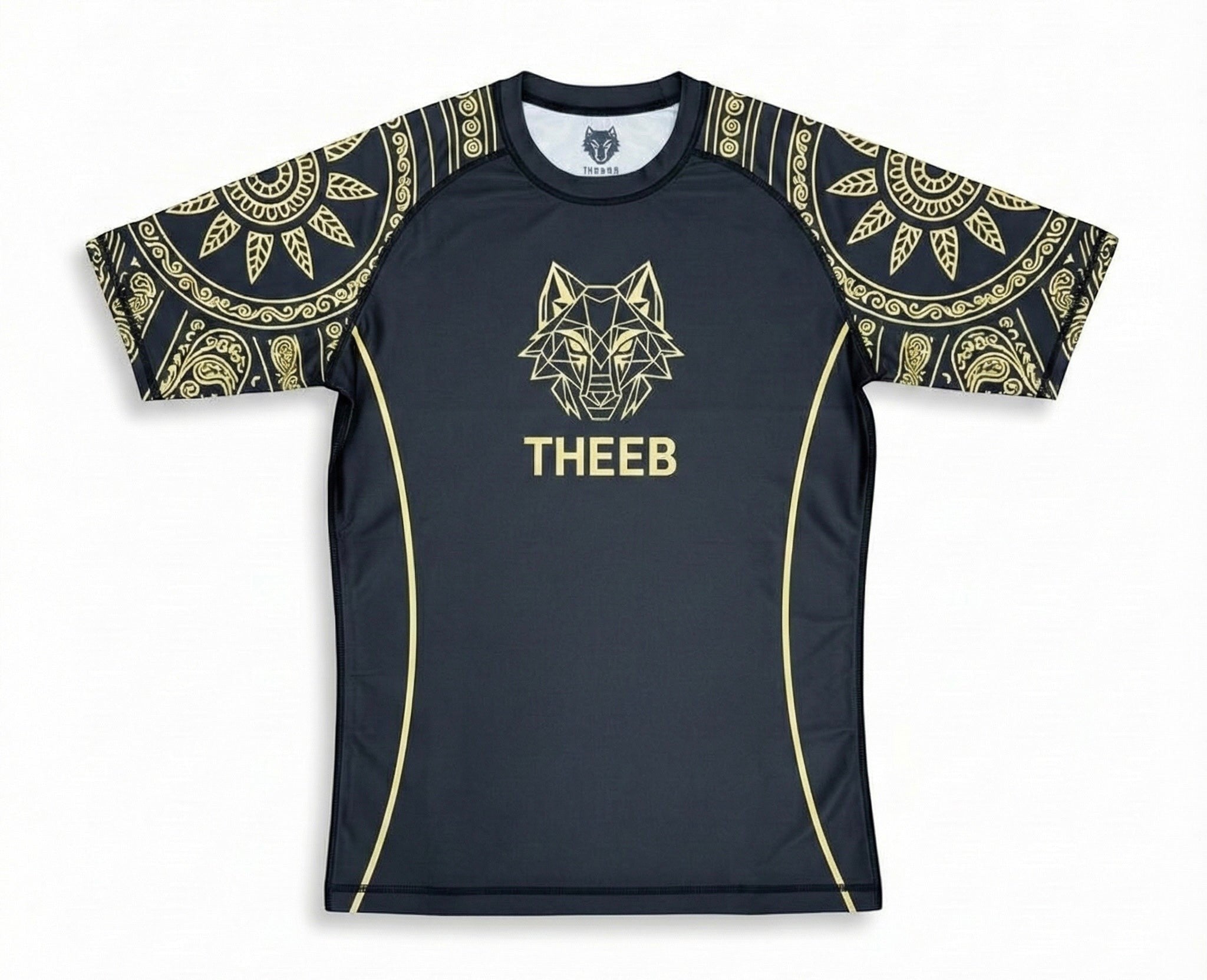My Store THEEB Golden Age black rash guard with gold geometric wolf logo and ornate sleeve designs. Compression fit for BJJ, MMA, and training.