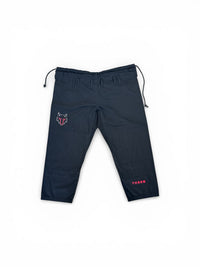 My Store THEEB Kids BJJ Gi pants in navy blue cotton with wolf embroidery and pink THEEB logo.